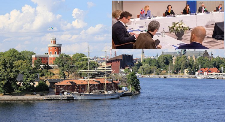 Photo: Gathering of Stockholm Initiative for Nuclear Disarmament against the backdrop of the city of Stockholm (August 2020) showing the Kastellet, Vasa Museum, and Nordic Museum.