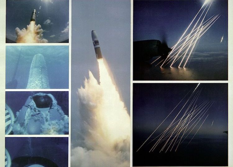 Image: Montage of an inert test of a United States Trident SLBM (submarine launched ballistic missile), from submerged to the terminal, or re-entry phase, of the multiple independently targetable reentry vehicles. Source: Wikimedia Commons