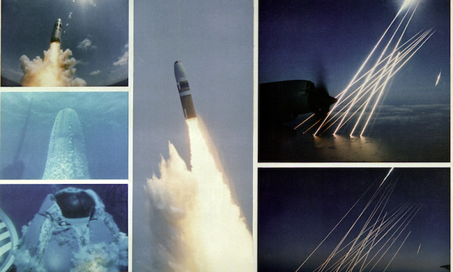 Montage of an inert test of a United States Trident SLBM (submarine launched ballistic missile), from submerged to the terminal, or re-entry phase, of the multiple independently targetable reentry vehicles. Credit: Wikimedia Commons.