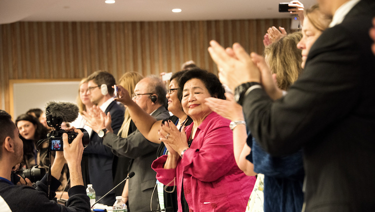 Civil Society Applauds UN nuclear ban treaty adoption 7th July 2017. Credit: Clare Conboy | ICAN.