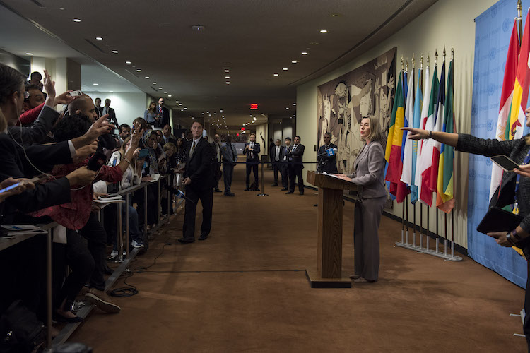 Photo: Federica Mogherini, European Union High Representative for Foreign Affairs and Security Policy, speaks to journalists following meeting of the 