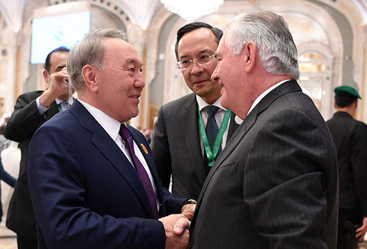 Photo (left to right): Kazakh President Nursultan Nazarbayev, Kazakh Foreign Minister Kairat Abdrakhmanov, U.S. Secretary of State Rex Tillerson on the sidelines of the US-Islamic World summit in Riyadh in May 2017. Credit: Axar.az