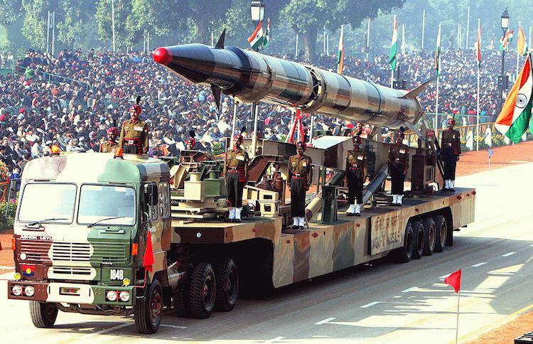 Photo: An Indian Agni-II intermediate range ballistic missile on a road-mobile launcher, displayed at the Republic Day Parade on New Delhi's Rajpath, January 26, 2004. Credit: Wikimedia Commons.