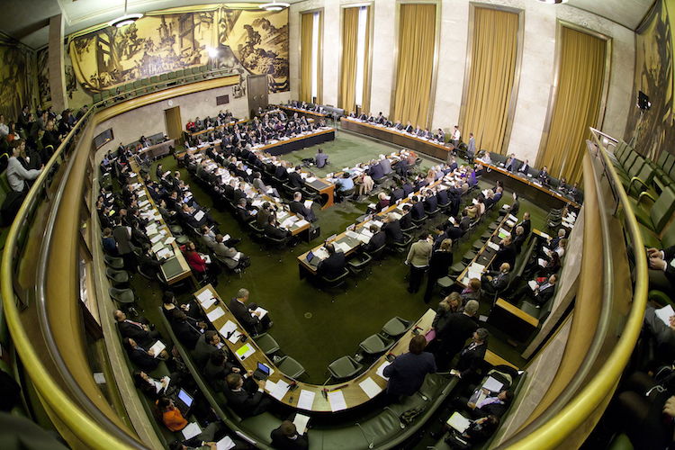 Photo: The Council Chamber at the United Nations in Geneva where the Conference on Disarmament (CD) holds its meetings. Credit: Wikimedia Commons.