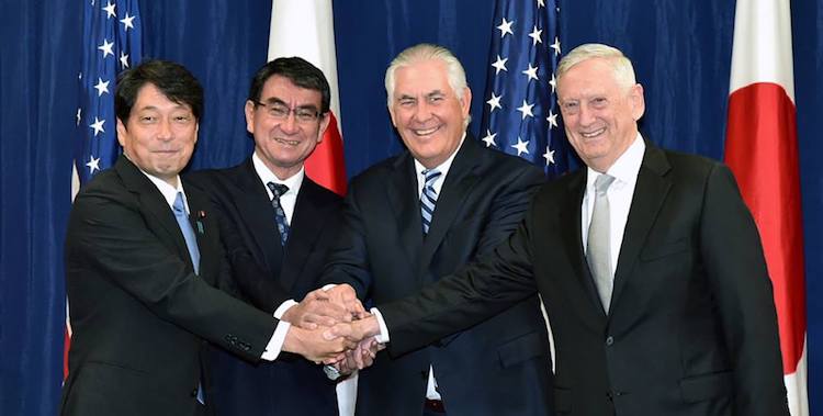 Photo (left to right): Japan's Defence Minister Itsunori Onodera. Foreign Minister Taro Kono, U.S. Secretary of State Rex Tillerson, and Secretary of Defense James Mattis. Credit: Japan MOFA