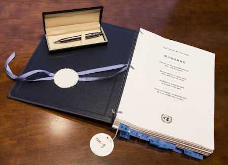 Photo: The Treaty on the Prohibition of Nuclear Weapons, signed 20 September 2017 by 50 United Nations member states. Credit: UN Photo / Paulo Filgueiras