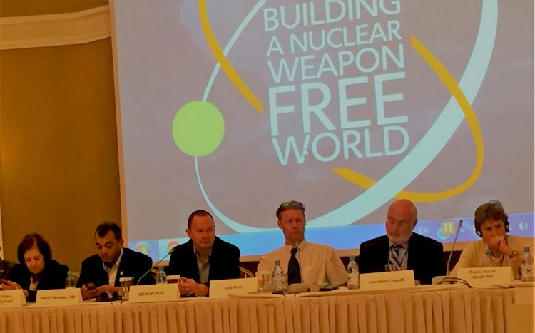 Photo: Bill Kidd MSP, PNND Co-President chairing a PNND meeting in Astana in August 2016. Others pictured are Senator Damen-Masri (Jordan), Saber Chowdhury, Alyn Ware, Jonathan Granoff and Denise Pascal Allende MP (Chile). Credit: PNND