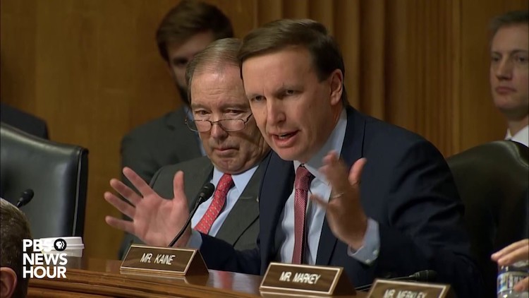 Photo: Sen. Chris Murphy, D-Conn., asks about the president's nuclear authority at November 14 Senate Foreign Relations Committee hearing. Credit: PBS Newshour