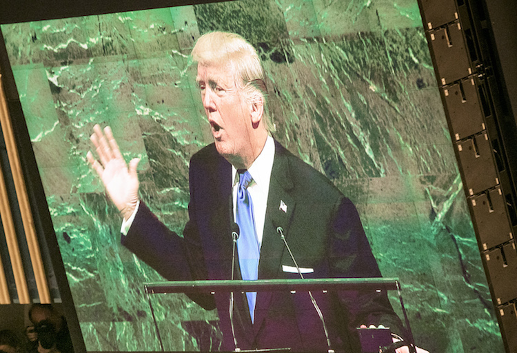 Photo: U.S. President Donald J. Trump (on screen) addresses the General Assembly’s annual general debate on 19 September 2017 in which he declared: 