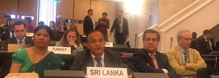 Photo: Ambassador A.L.A. Azeez, Sri Lanka's Permanent Representative (centre front) to the UN in Geneva addressing the Second PrepCom for the NPT Review Conference 2020. Credit: The Sunday Leader.