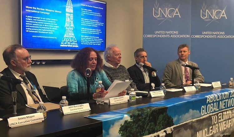Photo: Western States Legal Foundation Executive Director Jackie Cabasso, second from left, at the press conference at the United Nations on March 28. On her right is John Burroughs, and on her left are: Holger Guessfeld, Gene Seidman and Alyn Ware.