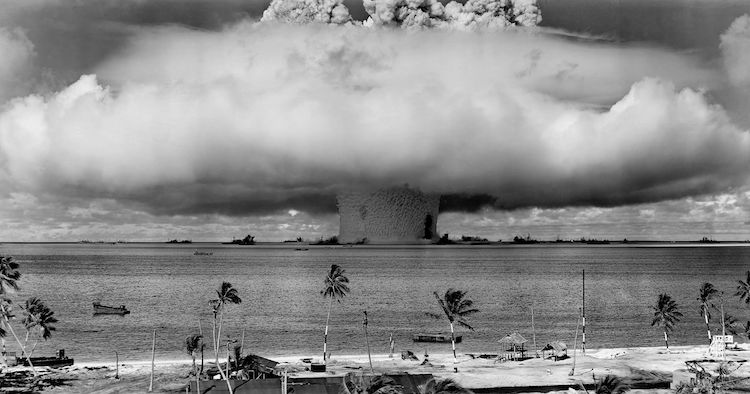 Photo: Mushroom-shaped cloud and water column from the underwater nuclear explosion of July 25, 1946, which was part of Operation Crossroads. Credit: Wikimedia Commons.