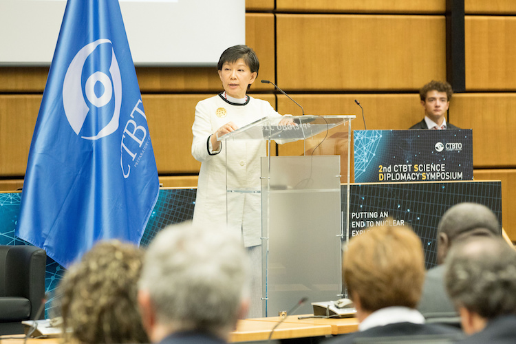 Photo: UNODA High Representative Izumi Nakamitsu delivering keynote speech on May 25, 2018 at the High Level Session of the Second Comprehensive Nuclear-Test-Ban Treaty (CTBT) Science Diplomacy Symposium in Vienna. Credit: CTBTO