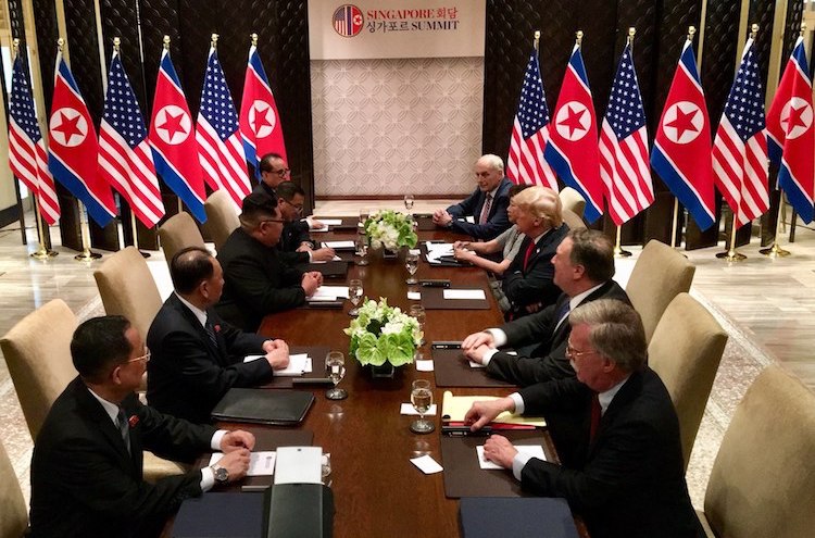 Photo: The expanded bilateral meeting between both the United States and North Korean delegations on June 12 in Sentosa. Credit: Wikimedia Commons.