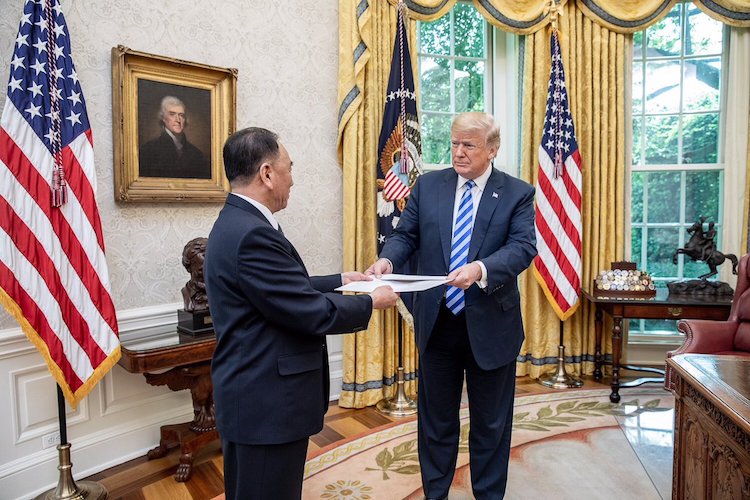 Photo: North Korea's Vice Chairman Kim Yong Chol delivers a personal letter from Chairman Kim to President Trump, in the White House Oval Office on June 1, 2018. Credit: Wikimedia Commons.