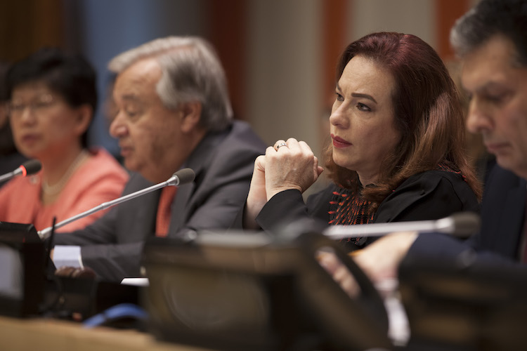 Photo: María Fernanda Espinosa Garcés (centre right), President of the 73rd session of the General Assembly, listens as Secretary-General António Guterres (centre left) addresses the high-level plenary meeting to commemorate and promote the International Day for the Total Elimination of Nuclear Weapons (26 September). At left is Izumi Nakamitsu, Under-Secretary-General and High Representative for Disarmament Affairs (ODA). UN Photo/Ariana Lindquist