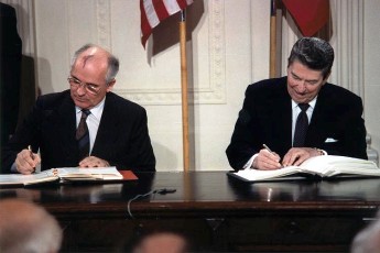 Photo: Soviet General Secretary Gorbachev (left) and President Reagan (right) signing the INF Treaty in the East Room of the White House in December 1987. Credit: Wikimedia Commons.