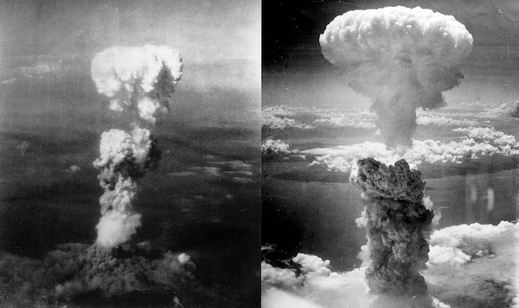 Photo: Two aerial photos of atomic bomb mushroom clouds, over Hiroshima on 6 August 1945 (left) and Nagasaki on 9 August 1945 (right). Source: Wikimedia Commons.