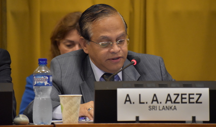 Photo: Ambassador A.L.A. Azeez, Permanent Representative of Sri Lanka to the UN in Geneva, addressing the panel on nuclear disarmament at plenary meeting of the Conference on Disarmament on 30 July 2019 in Geneva. Credit: Sri Lanka Permanent Mission to the UN in Geneva.
