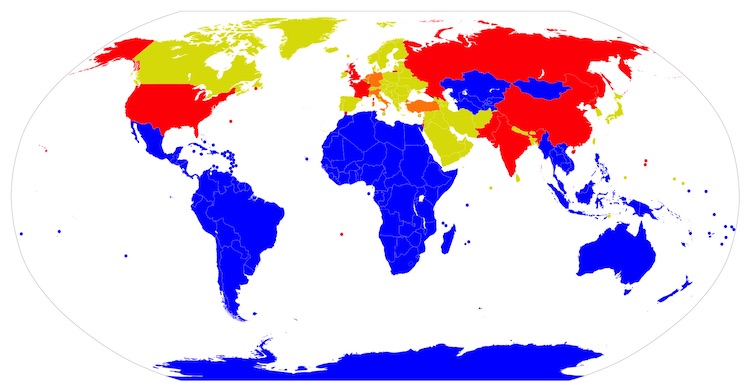 Image:  Nuclear-Weapon-Free Zones (Blue); Nuclear weapons states (Red); Nuclear sharing  (Orange); Neither, but NPT (Lime green). CC BY-SA 3.0