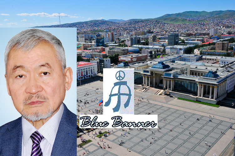 Collage of the photos of Dr J. Enkhsaikhan on the left, Blue Banner and Chinggis Khaan (Sükhbaatar) Square in Mongolia's capital city Ulaanbaatar on the right (CC BY-SA 4.0).