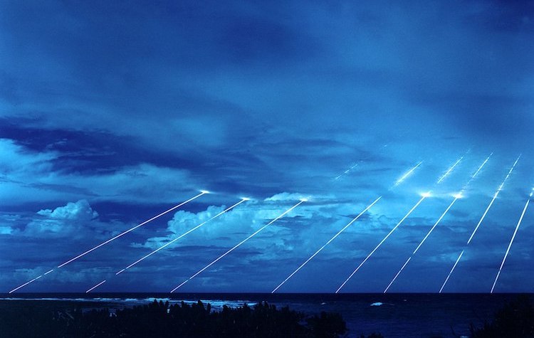 Photo: Test of the LG-118A Peacekeeper missile, each one of which could carry 10 independently targeted nuclear warheads along trajectories outside of the Earth's atmosphere. Source: Wikimedia Commons.