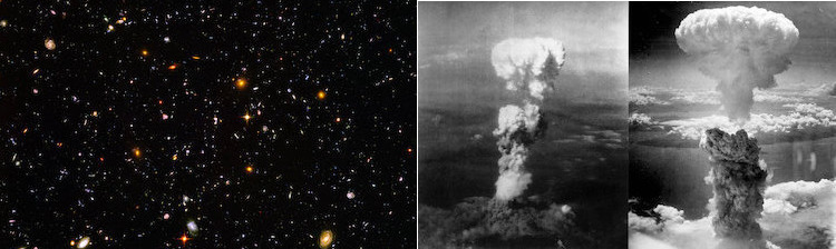 Image: Collage of Hubble Ultra Deep Field includes galaxies of various ages, sizes, shapes, and colours (left) and Atomic bombings of Nagasaki.
