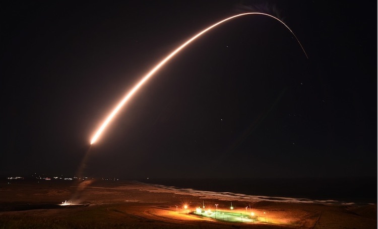 Photo: An Air Force Global Strike Command unarmed Minuteman III intercontinental ballistic missile launches during an operation test at 11:49 p.m. PT Feb. 23, 2021, at Vandenberg Air Force Base, Calif. (Brittany E. N. Murphy/Space Force)